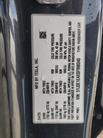 5YJ3E1EAXSF998040 - 2025 TESLA MODEL 3 GRAY photo 12