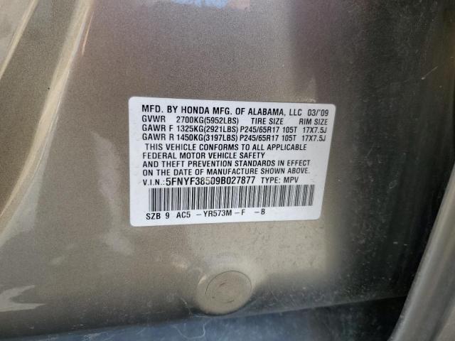 5FNYF38509B027877 - 2009 HONDA PILOT EXL TAN photo 13