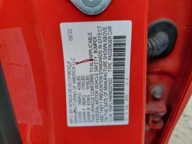 19XFL1H80NE021933 - 2022 HONDA CIVIC SPORT TOURING RED photo 12