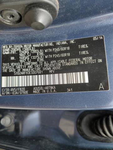 5TDZARFH3ES007681 - 2014 TOYOTA HIGHLANDER LE BLUE photo 13