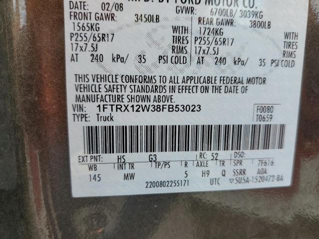 1FTRX12W38FB53023 - 2008 FORD F150 GRAY photo 12