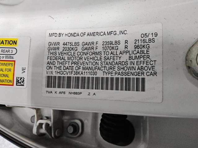 1HGCV1F38KA111030 - 2019 HONDA ACCORD SPORT WHITE photo 12