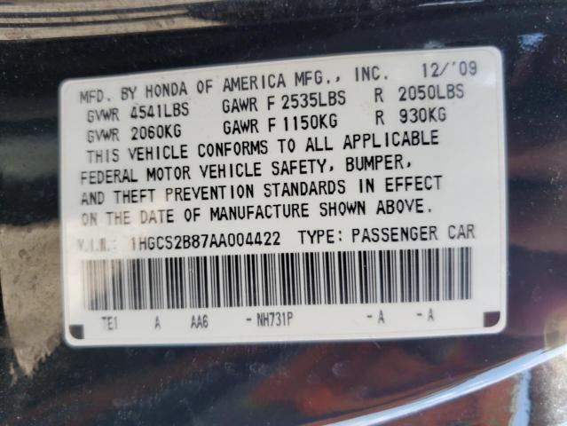 1HGCS2B87AA004422 - 2010 HONDA ACCORD EXL BLACK photo 12