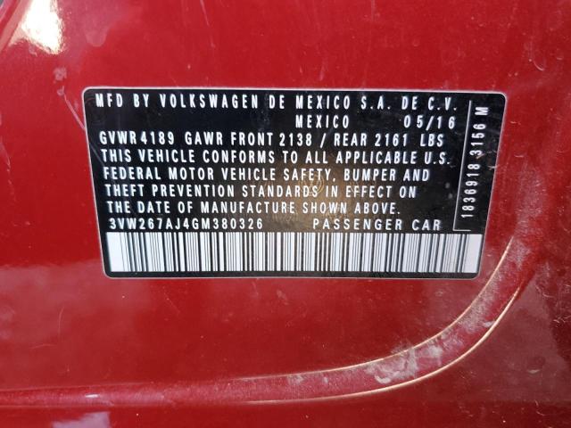 3VW267AJ4GM380326 - 2016 VOLKSWAGEN JETTA S RED photo 12