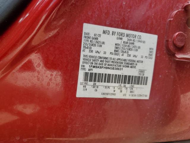 1FMSK8FH9NGB38631 - 2022 FORD EXPLORER LIMITED წითელი ფოტო 12