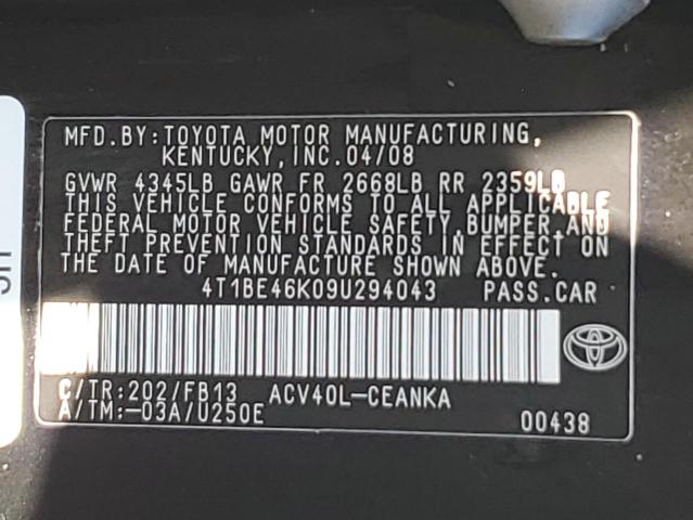 4T1BE46K09U294043 - 2009 TOYOTA CAMRY BASE BLACK photo 12