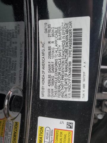 1HGCV1F17KA087589 - 2019 HONDA ACCORD LX შავი ფოტო 12