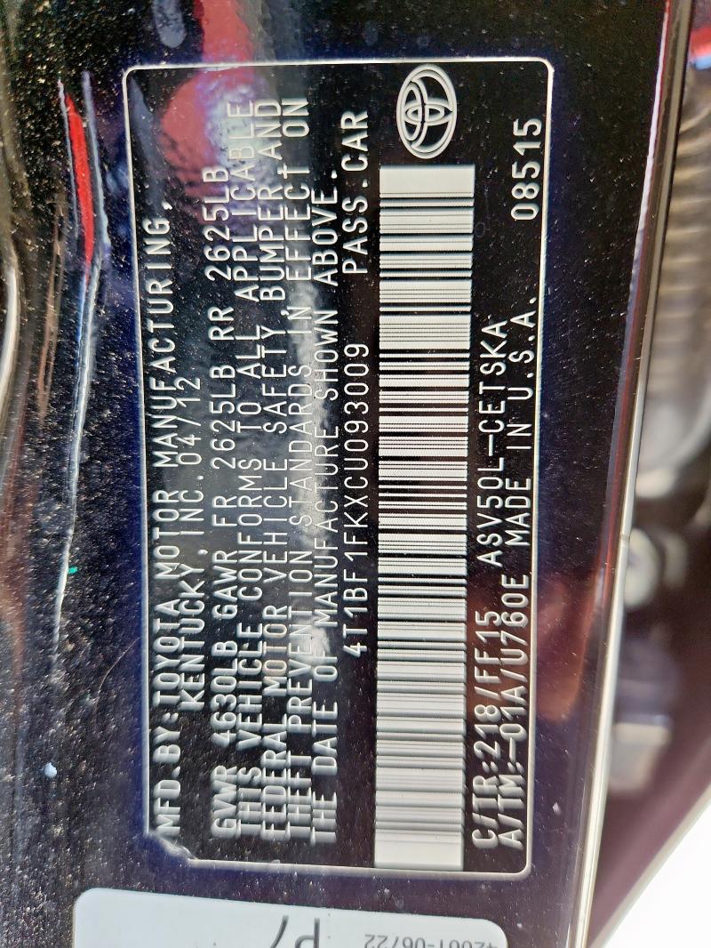 4T1BF1FKXCU093009 - 2012 TOYOTA CAMRY BASE BLACK photo 12