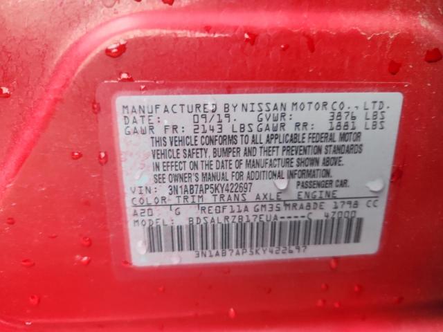 3N1AB7AP5KY422697 - 2019 NISSAN SENTRA S RED photo 13