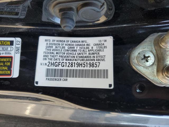 2HGFG12819H519857 - 2009 HONDA CIVIC EX BLACK photo 12