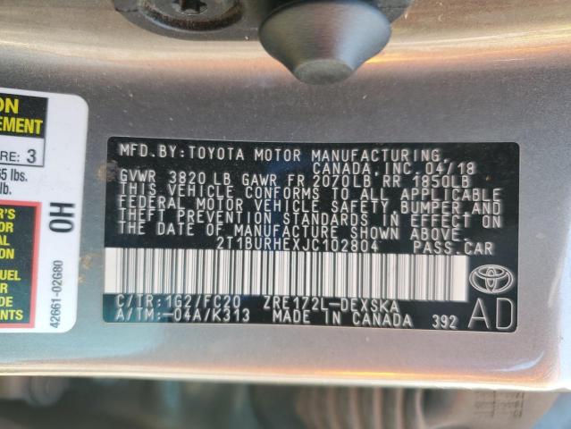 2T1BURHEXJC102804 - 2018 TOYOTA COROLLA L თაფლისფერი ფოტო 12