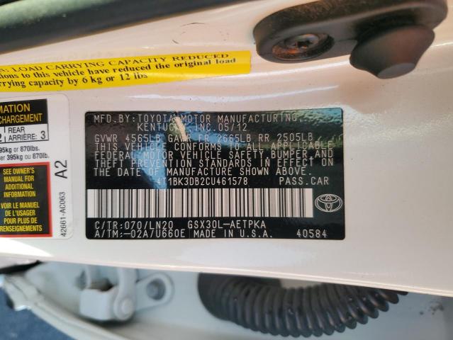 4T1BK3DB2CU461578 - 2012 TOYOTA AVALON BASE 白色 照片 12