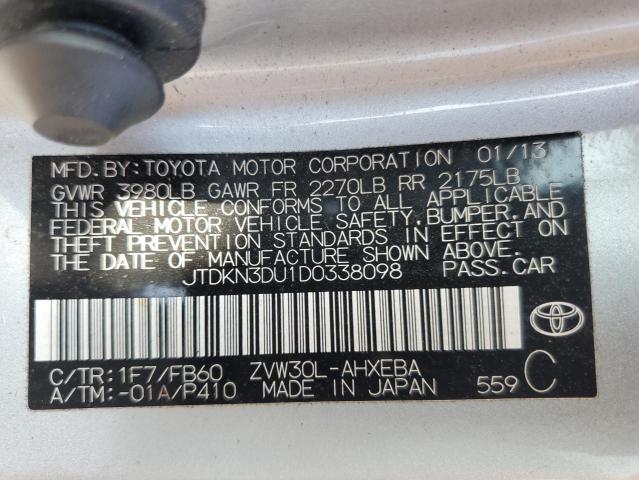 JTDKN3DU1D0338098 - 2013 TOYOTA PRIUS SILVER photo 13