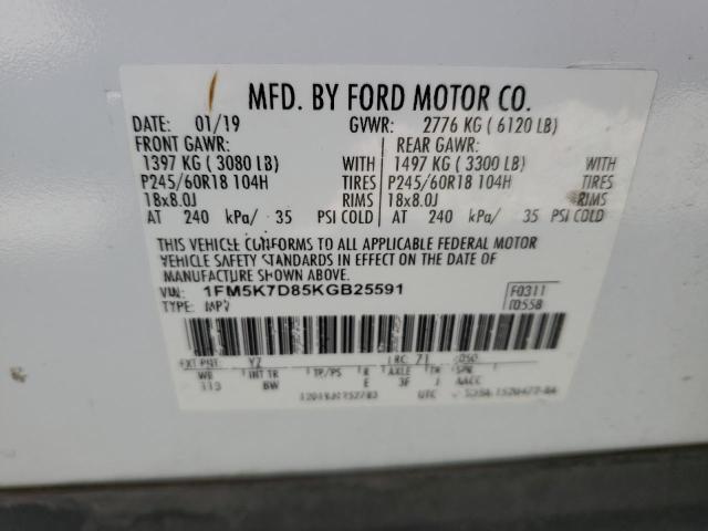 1FM5K7D85KGB25591 - 2019 FORD EXPLORER XLT Biały zdjęcie 13