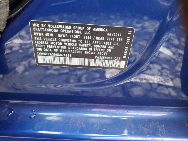 1VWBT7A30HC074298 - 2017 VOLKSWAGEN PASSAT SE BLUE photo 12