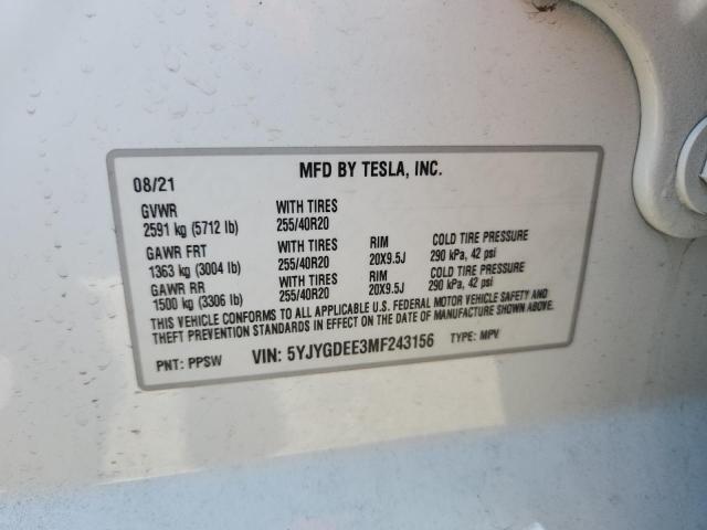 5YJYGDEE3MF243156 - 2021 TESLA MODEL Y 白色 照片 12