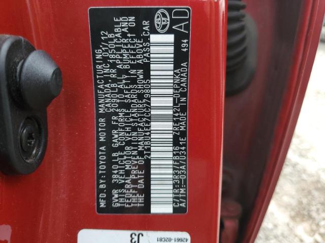 2T1BU4EE7CC779805 - 2012 TOYOTA COROLLA LE BASE RED photo 12