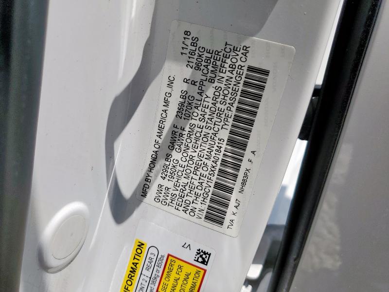 1HGCV1F5XKA018415 - 2019 HONDA ACCORD EXL WHITE photo 12