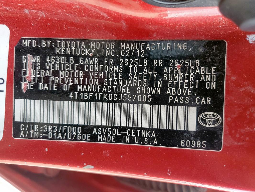 4T1BF1FK0CU557005 - 2012 TOYOTA CAMRY BASE წითელი ფოტო 12