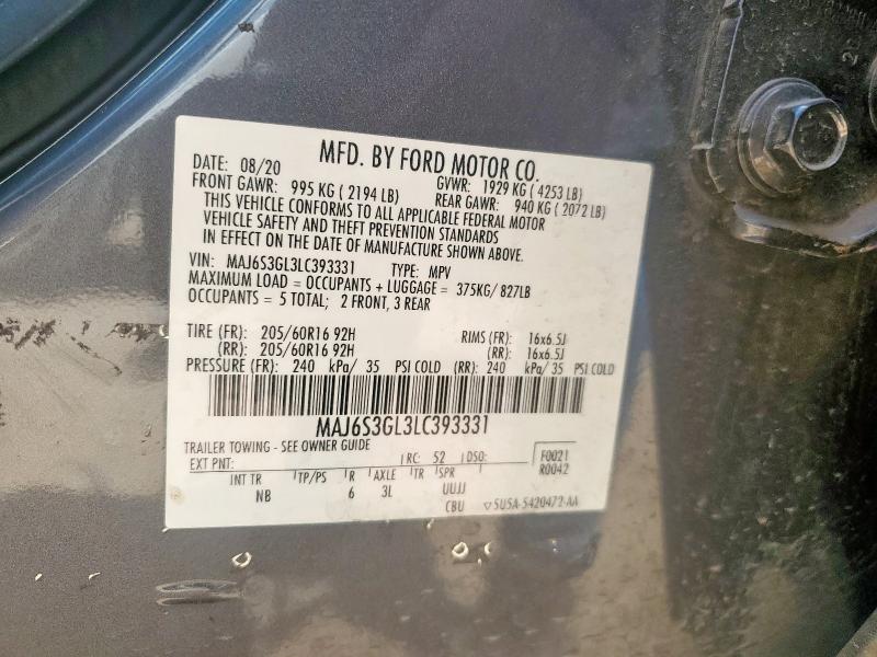 MAJ6S3GL3LC393331 - 2020 FORD ECOSPORT SE გრაფიტი ფოტო 14