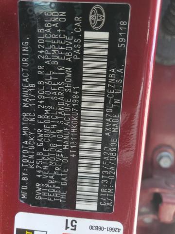 4T1B11HK0KU719841 - 2019 TOYOTA CAMRY L RED photo 12