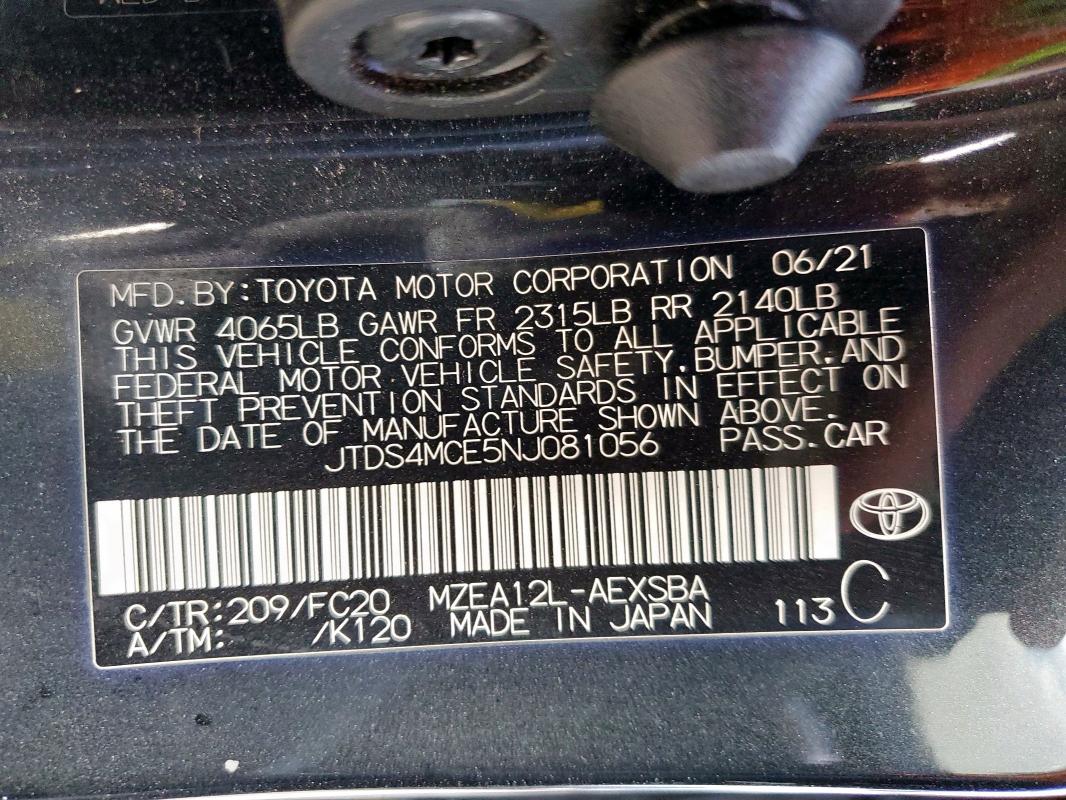 JTDS4MCE5NJ081056 - 2022 TOYOTA COROLLA SE GRAY photo 13