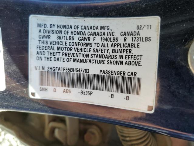 2HGFA1F55BH547703 - 2011 HONDA CIVIC LX ლურჯი ფოტო 12