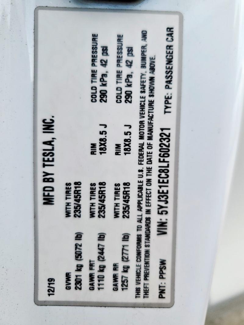 5YJ3E1EC8LF602321 - 2020 TESLA MODEL 3 WHITE photo 13