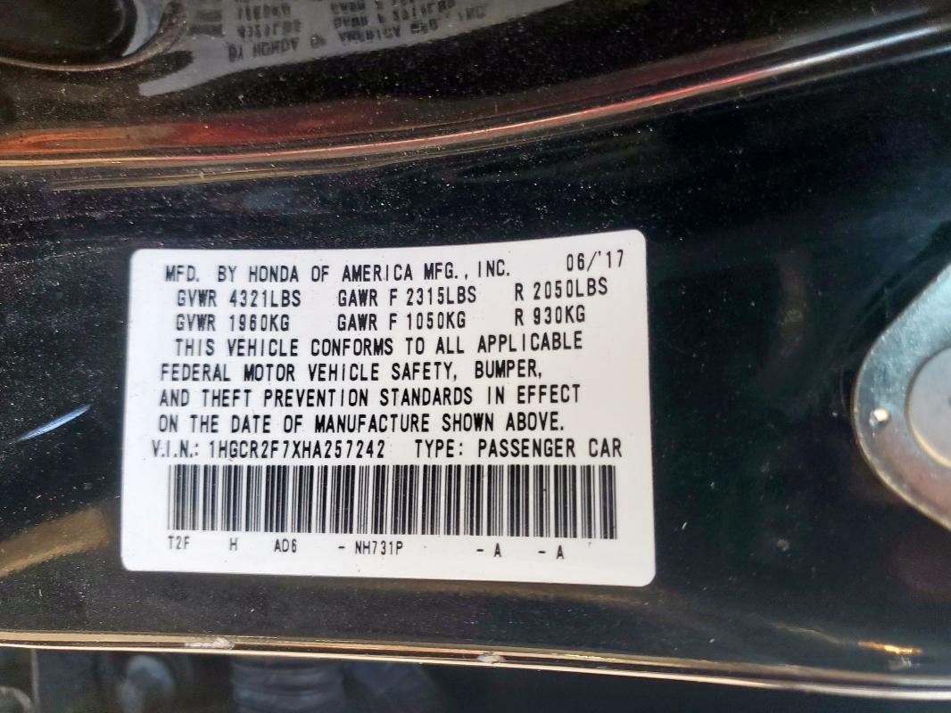 1HGCR2F7XHA257242 - 2017 HONDA ACCORD EX 黑色 照片 12