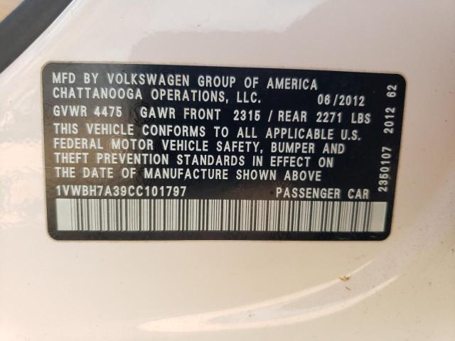 1VWBH7A39CC101797 - 2012 VOLKSWAGEN PASSAT SE WHITE photo 12