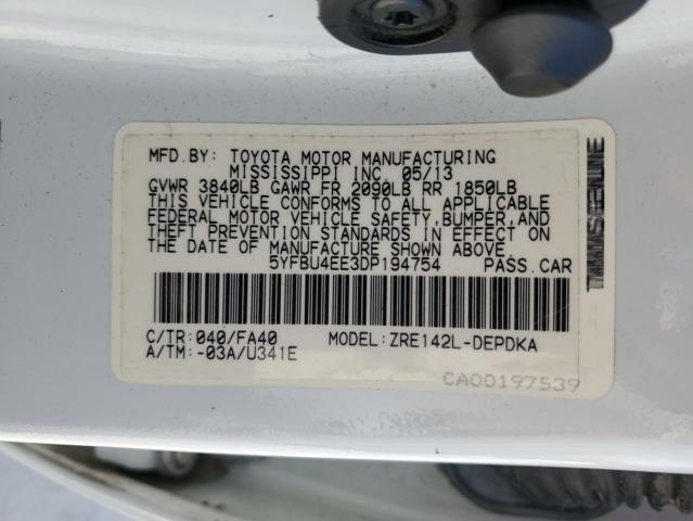 5YFBU4EE3DP194754 - 2013 TOYOTA COROLLA BASE WHITE photo 12