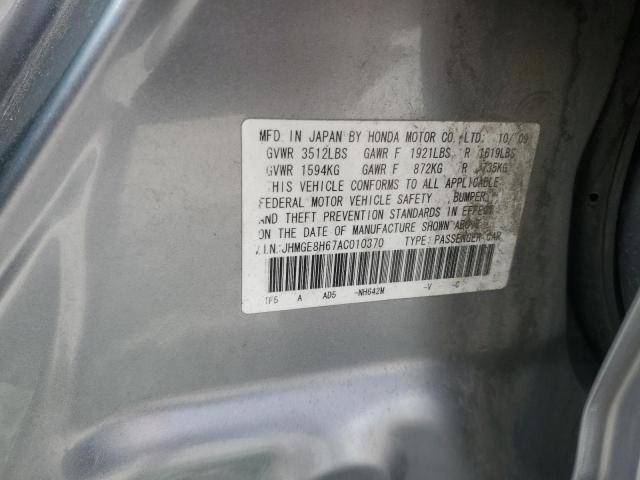 JHMGE8H67AC010370 - 2010 HONDA FIT SPORT SILVER photo 12