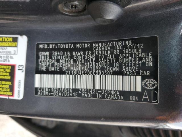 2T1BU4EE0DC990507 - 2013 TOYOTA COROLLA BASE GRAY photo 12