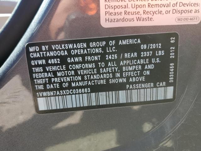 1VWBN7A3XDC036663 - 2013 VOLKSWAGEN PASSAT SE CHARCOAL photo 12