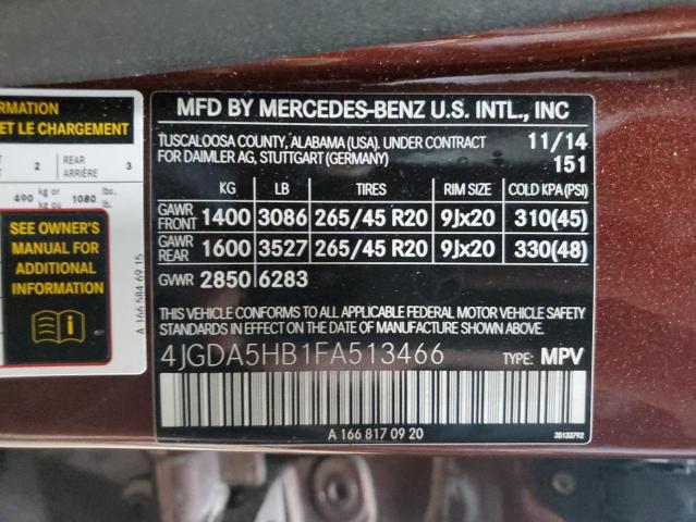 4JGDA5HB1FA513466 - 2015 MERCEDES-BENZ ML 350 4MATIC BURGUNDY photo 13