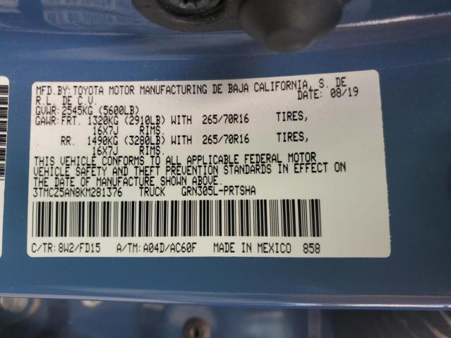 3TMCZ5AN8KM281376 - 2019 TOYOTA TACOMA DOUBLE CAB BLUE photo 12
