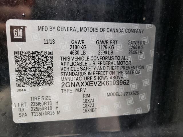 2GNAXXEV2K6193962 - 2019 CHEVROLET EQUINOX PREMIER BLACK photo 12