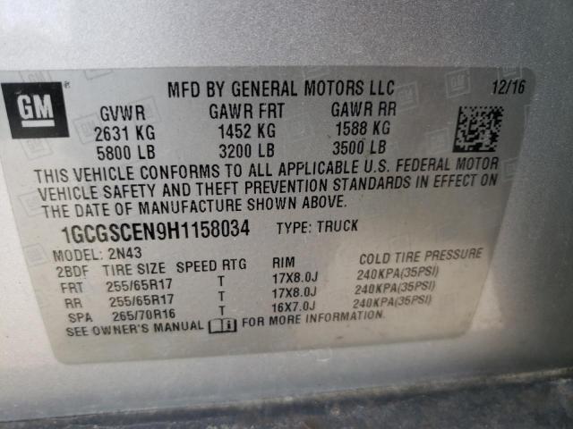 1GCGSCEN9H1158034 - 2017 CHEVROLET COLORADO L SILVER photo 10