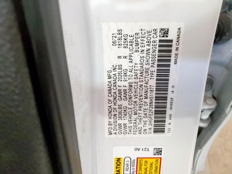 2HGFE2F26NH511877 - 2022 HONDA CIVIC LX WHITE photo 13