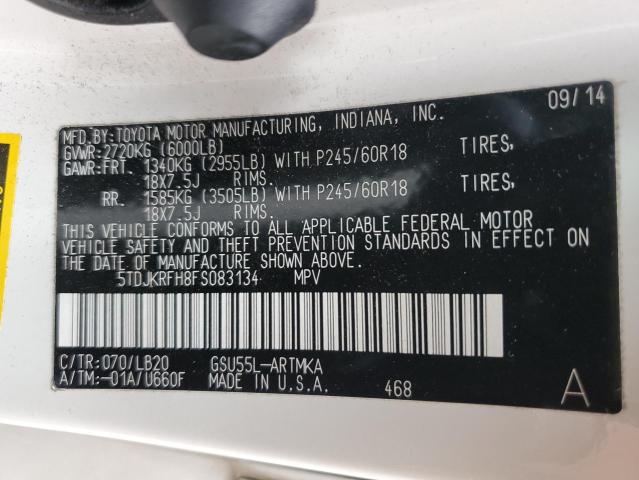 5TDJKRFH8FS083134 - 2015 TOYOTA HIGHLANDER XLE WHITE photo 13