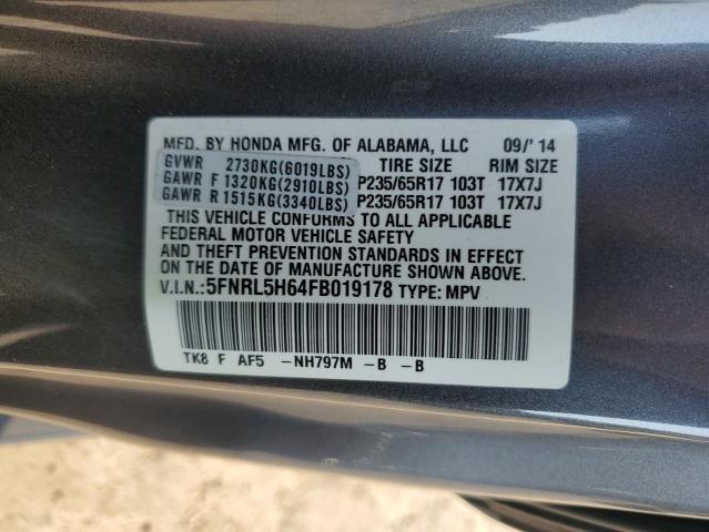 5FNRL5H64FB019178 - 2015 HONDA ODYSSEY EXL GRAY photo 13