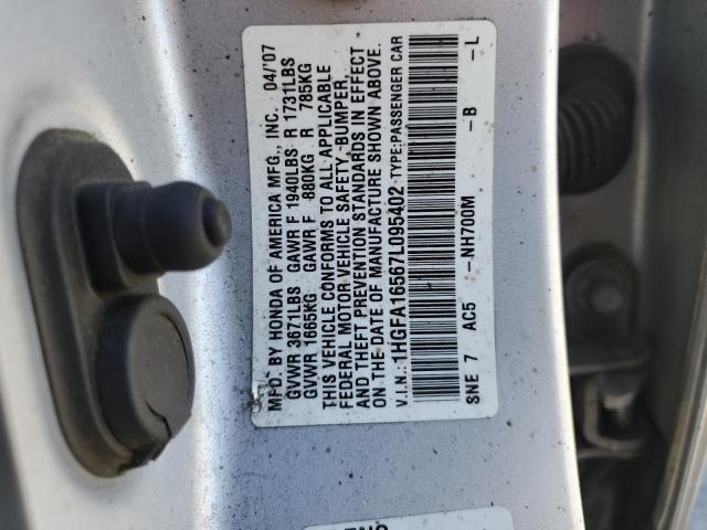1HGFA16567L095402 - 2007 HONDA CIVIC LX SILVER photo 12