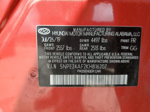 5NPE24AF2KH816207 - 2019 HYUNDAI SONATA SE 红色 照片 12