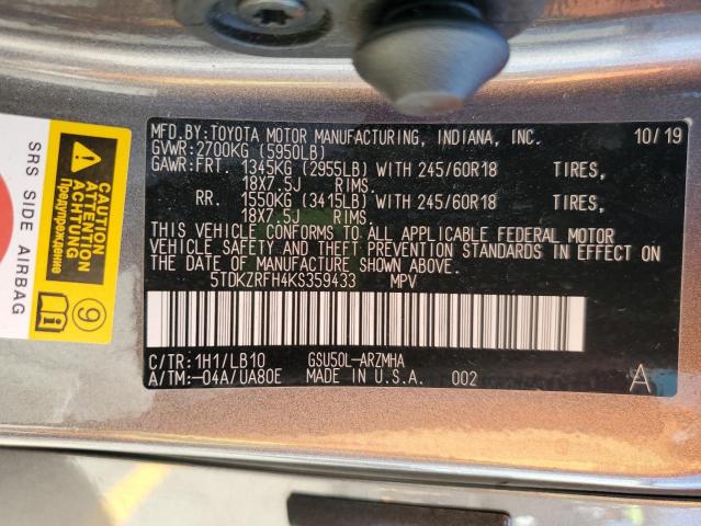 5TDKZRFH4KS359433 - 2019 TOYOTA HIGHLANDER SE GRAY photo 13