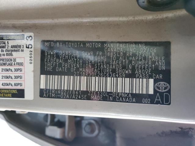2T1BR30E26C636459 - 2006 TOYOTA COROLLA CE GOLD photo 12