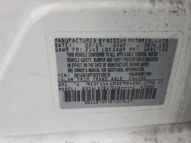 3N1AB7AP7KY319619 - 2019 NISSAN SENTRA S 白色 照片 13