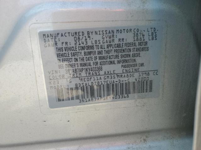 3N1AB7AP1KY403368 - 2019 NISSAN SENTRA S 银色 照片 13