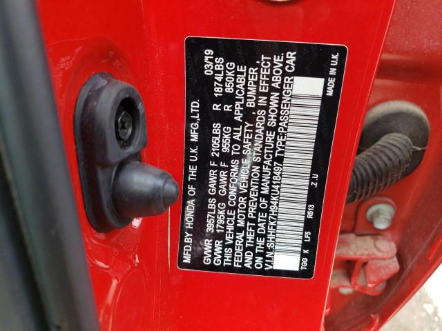 SHHFK7H94KU418497 - 2019 HONDA CIVIC SPORT TOURING 红色 照片 12