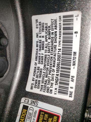 1HGFA16506L050714 - 2006 HONDA CIVIC LX GRAY photo 12