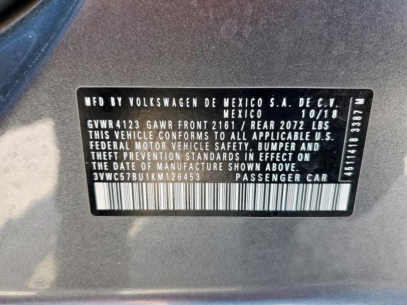 3VWC57BU1KM126453 - 2019 VOLKSWAGEN JETTA S GRAY photo 13